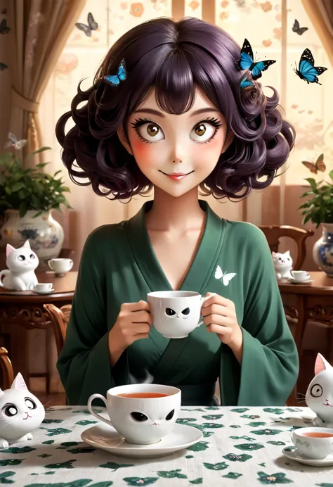 The beautiful Tatsumaki, With her huge eyes she looks amazed and with a big smile while she drinks tea from ceramic cups with gh...