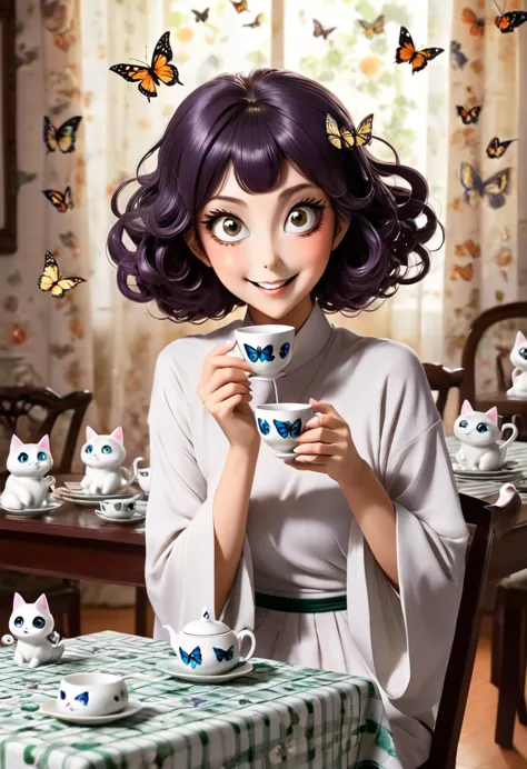 The beautiful Tatsumaki, With her huge eyes she looks amazed and with a big smile while she drinks tea from ceramic cups with gh...