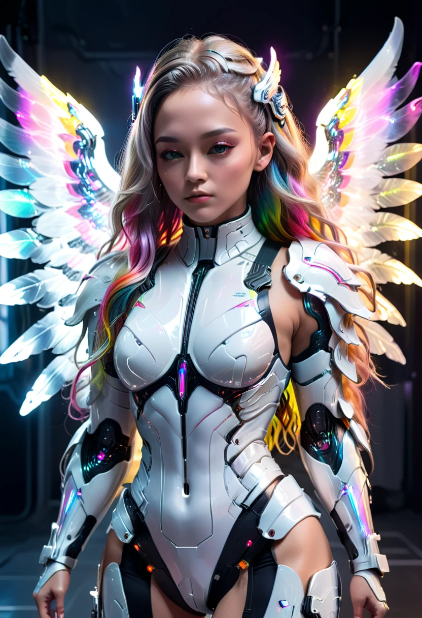 Cyborg-Kämpfer, große Flügel, white cyberpunk armor, Klare Acrylabdeckung, langes, gewelltes Regenbogenhaar, leuchtende Haut, cyberpunk style, Futuristische Kopfbedeckung, komplizierte Details, Hyperrealistisch, filmische Beleuchtung, dramatische pose, volumetrische Beleuchtung, fotorealistisch, 8k, Extrem detailliert, Ihr ganzer Körper ist zu sehen, (Ganzkörper:1.5), perfekte Gesichter