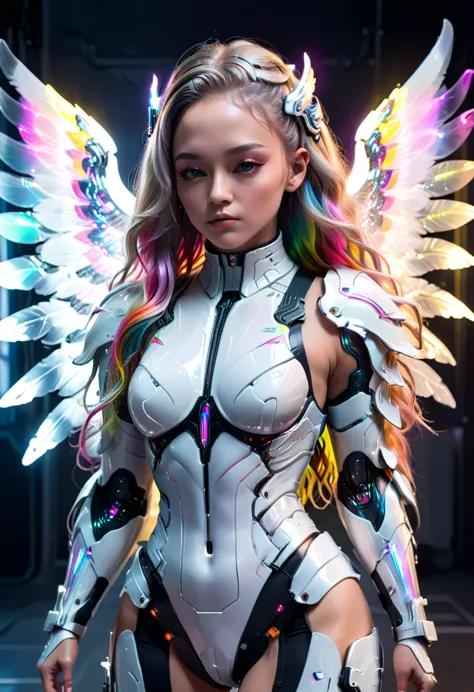 cyborg fighter, large wings, white cyberpunk armor, acrylic clear cover, long rainbow wavy hair, glowing skin, cyberpunk style, ...