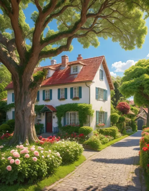 create a vibrant and serene neighborhood scene under a clear blue sky filled with fluffy white clouds. the focal point is a larg...