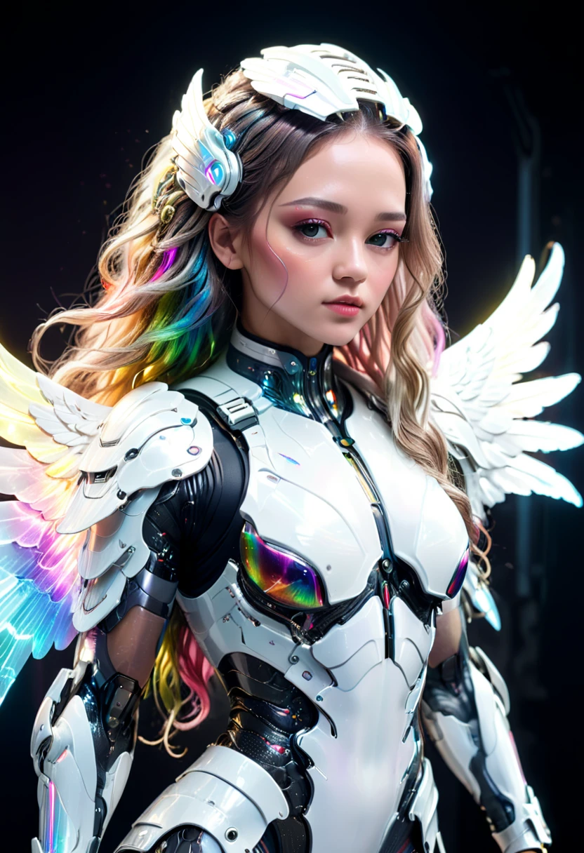 Cyborg-Kämpfer, große Flügel, white cyberpunk armor, Klare Acrylabdeckung, langes, gewelltes Regenbogenhaar, leuchtende Haut, cyberpunk style, Futuristische Kopfbedeckung, komplizierte Details, Hyperrealistisch, filmische Beleuchtung, dramatische pose, volumetrische Beleuchtung, fotorealistisch, 8k, Extrem detailliert, Ihr ganzer Körper ist zu sehen, (Ganzkörper:1.5), perfekte Gesichter