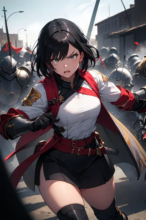 female knight　battlefield　mini skirt　anger　Black Hair