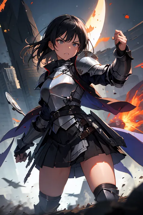 female knight　battlefield　mini skirt　anger　Black Hair