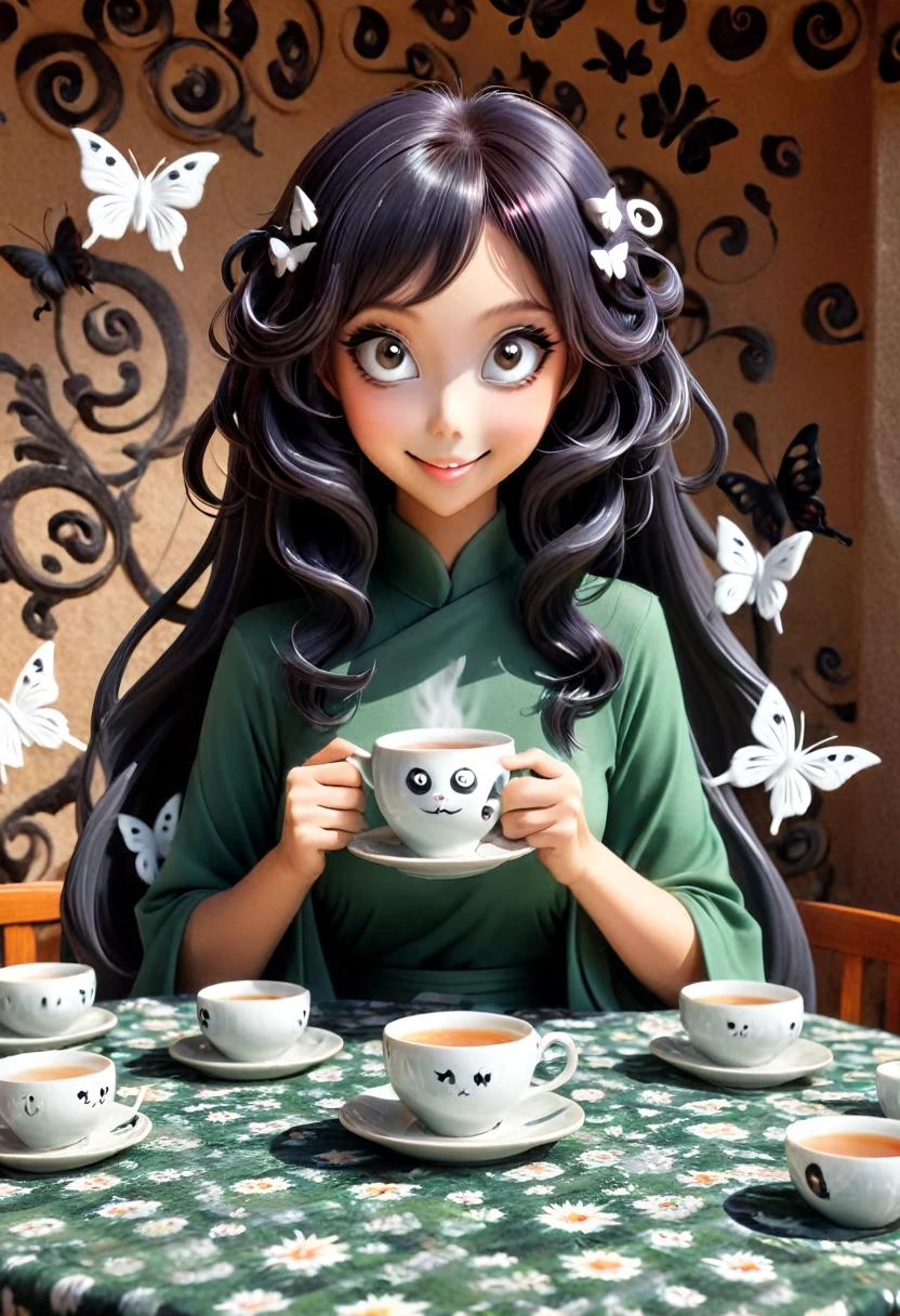 The beautiful Tatsumaki, With her huge eyes she looks amazed and with a big smile while she drinks tea from ceramic cups with ghostly cat shapes while the butterflies flutter around the table and the tablecloth..