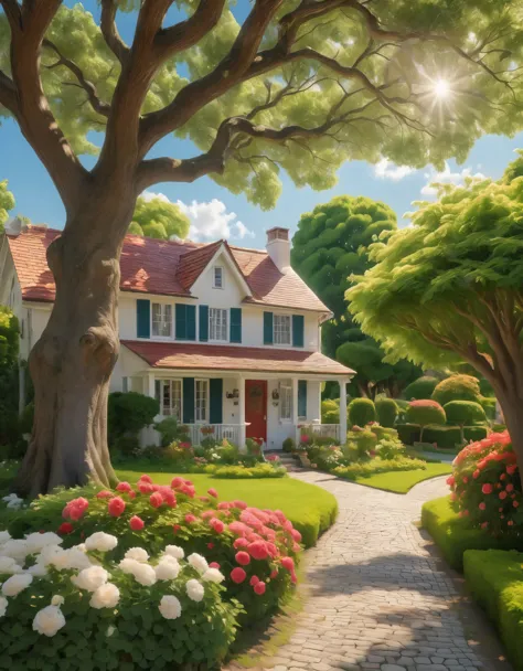 create a vibrant and serene neighborhood scene under a clear blue sky filled with fluffy white clouds. the focal point is a larg...