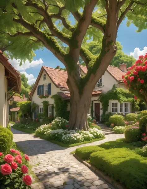 create a vibrant and serene neighborhood scene under a clear blue sky filled with fluffy white clouds. the focal point is a larg...