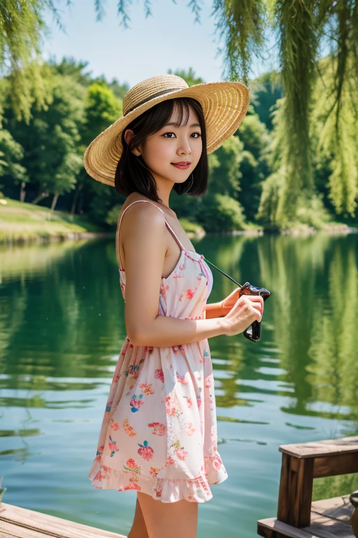 1 korean girl, normal girl, Secluded Lakeside Fishing Retreat: Craft an image of an adult woman with a sun hat and a fishing rod, enjoying a peaceful day by a secluded lakeside. The woman, in a vintage sundress, engages in fishing under the shade of willow trees. The serene lakeside retreat should be painted in Wes Anderson's tranquil and nostalgic colors.