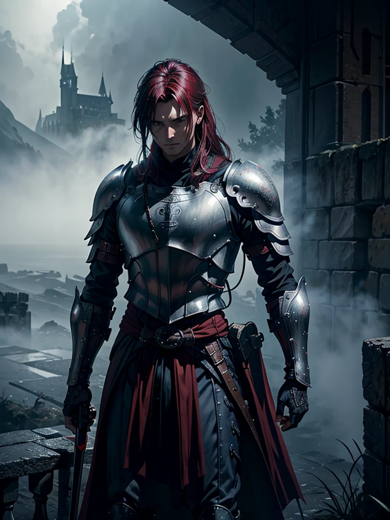 a red foggy world, a knight with a sword fighting, highly detailed, photorealistic, dramatic lighting, cinematic, epic fantasy, muted colors, moody atmosphere, volumetric fog, detailed armor, intense expression, dramatic pose, medieval castle in the background, brooding sky, ray of light piercing the fog