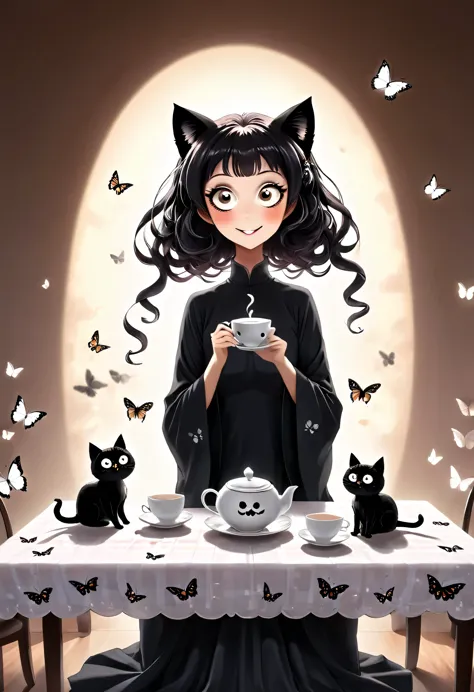 The beautiful Tatsumaki, With her huge eyes she looks amazed and with a big smile while she drinks tea from ceramic cups with gh...