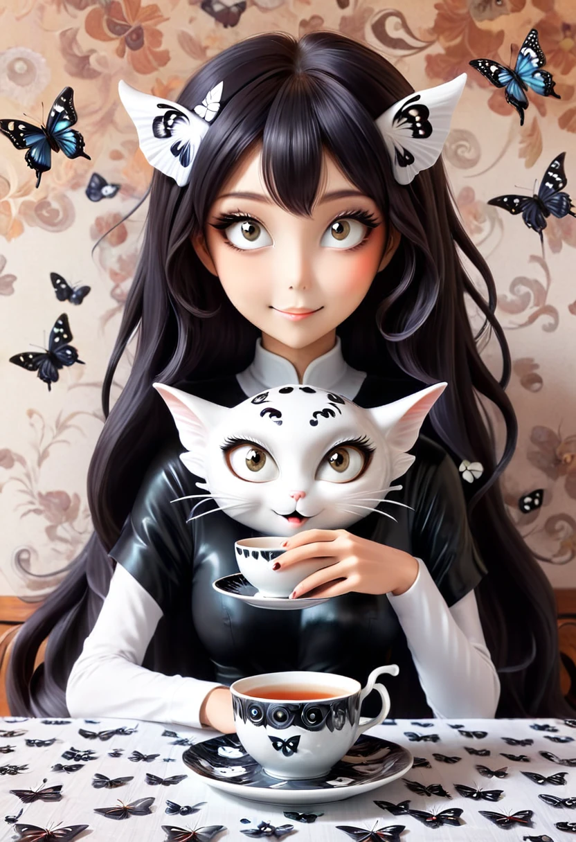 The beautiful Tatsumaki, With her huge eyes she looks amazed and with a big smile while she drinks tea from ceramic cups with ghostly cat shapes while the butterflies flutter around the table and the tablecloth..
