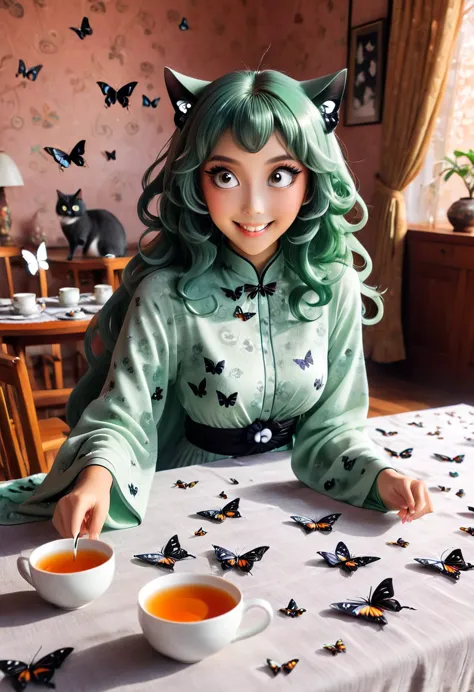 the beautiful tatsumaki, with her huge eyes she looks amazed and with a big smile while she drinks tea from ceramic cups with gh...