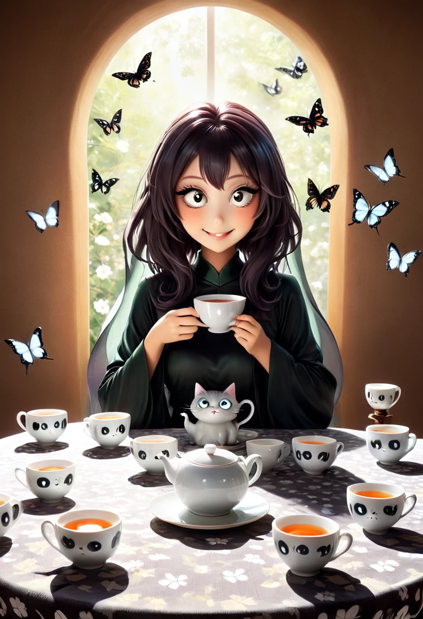 The beautiful Tatsumaki, With her huge eyes she looks amazed and with a big smile while she drinks tea from ceramic cups with ghostly cat shapes while the butterflies flutter around the table and the tablecloth..
