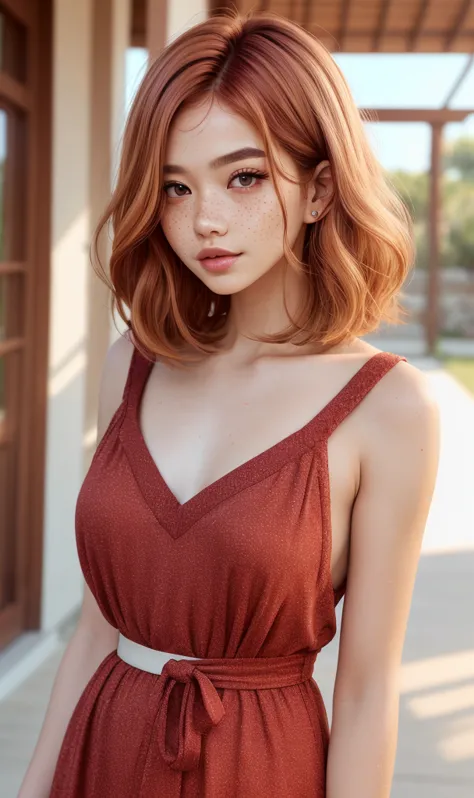 lbobh2024, 1 girl, best quality, masterpiece, photorealistic, raw image. cinematic lighting, long bob hairstyle, ginger hair, kh...