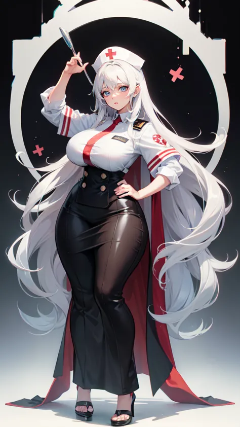 ((blank background)), masterpiece, best quality, silver hair, (big breast:1), ((full body framing)), symmetry, nurse woman, nurs...