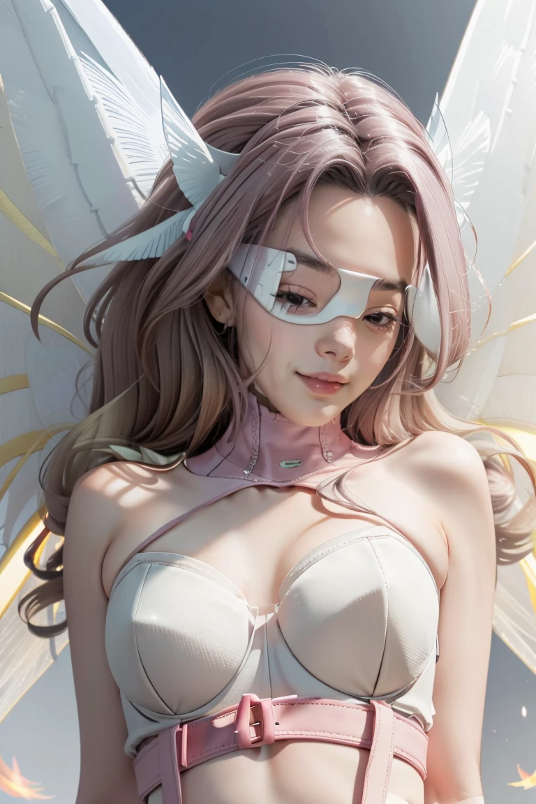 best quality, intricate details,
1girl,  Angewomon, winged helmet, helmet over eyes, helmet on, covered eyes,white multiple wings, white wings, pink hagoromo, single glove, strapless,white bodysuit, gold strapless bra, black belt, two belts, collabrone, bare shoulders, body, full body,