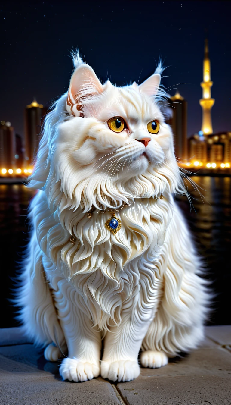 No hay nadie, foto realista, realismo fotográfico, realism, Persian (persian) gato, composición perfecta, intrigatoe details, muy afilado, obra maestra, perfil, Alta resolución, Foto de cuerpo completo en vista nocturna de la ciudad.