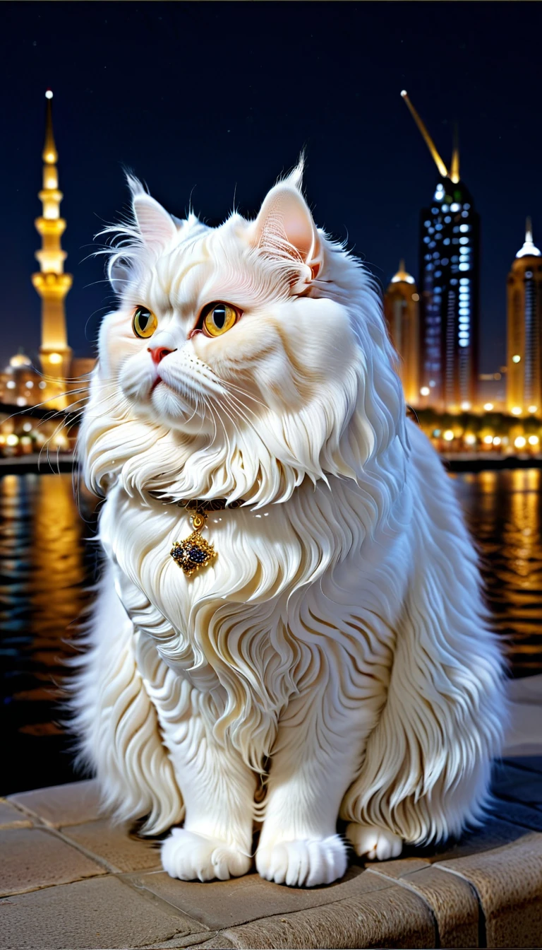 No hay nadie, foto realista, realismo fotográfico, realism, Persian (persian) gato, composición perfecta, intrigatoe details, muy afilado, obra maestra, perfil, Alta resolución, Foto de cuerpo completo en vista nocturna de la ciudad.