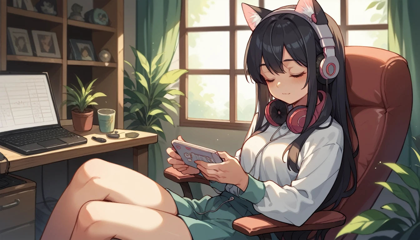 Beautiful girl listening to music with headphones、Cat ears on headphones、Black Hair、Eyes closed、Inside the room、Sitting on a game chair　