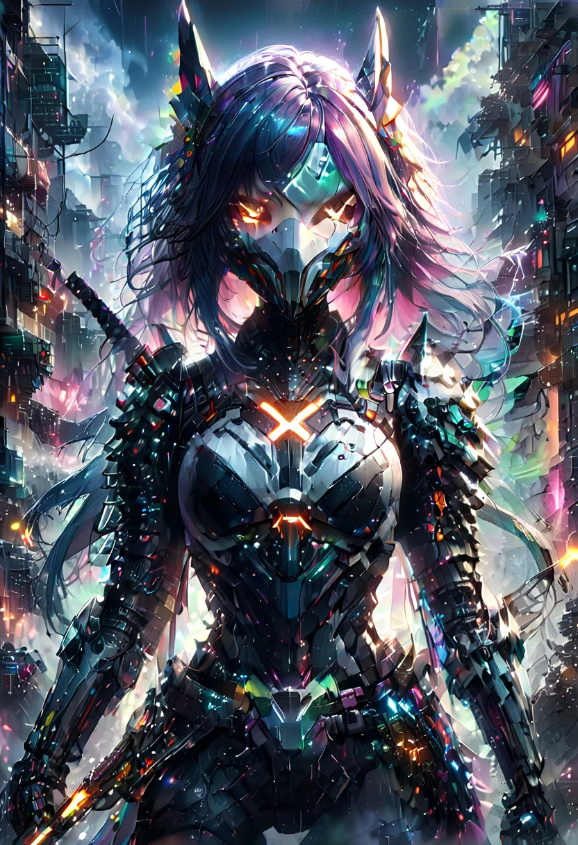 Une fille cyberpunk avec un masque facial en forme de X, vêtue d'une armure de mecha futuriste, Tenir une épée, 1fille, traits du visage détaillés, conception de mecha complexe, Éclairage cinématographique, atmosphère sombre de science-fiction, Couleurs vives, Photoréaliste, 8k, chef-d&#39;œuvre, cheveux longs de la queue, cheveux de couleur arc-en-ciel