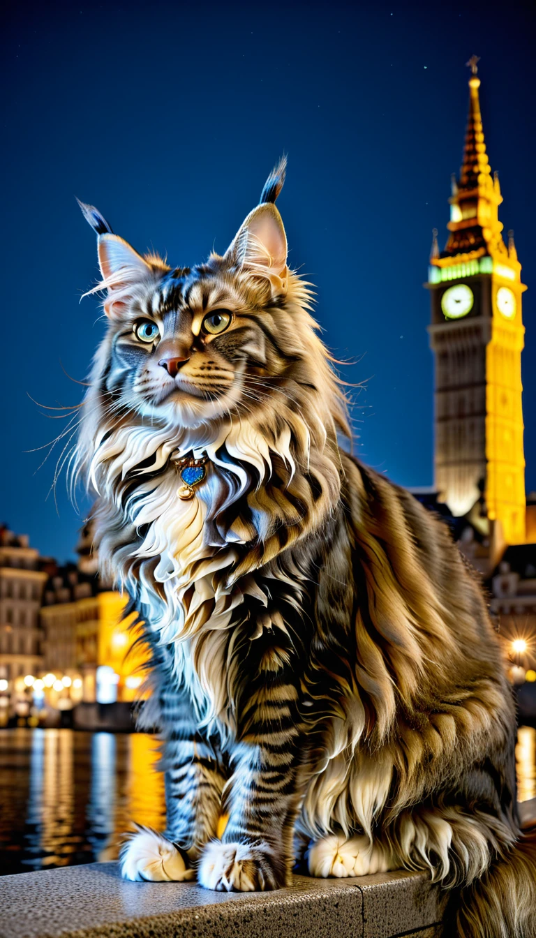 There is no one, realistic photo, photo realism, realism, maine coon (Maine Coon) cat, perfect composition, intricate details, Very sharp, masterpiece, profile, high resolution, full body photo in city night view