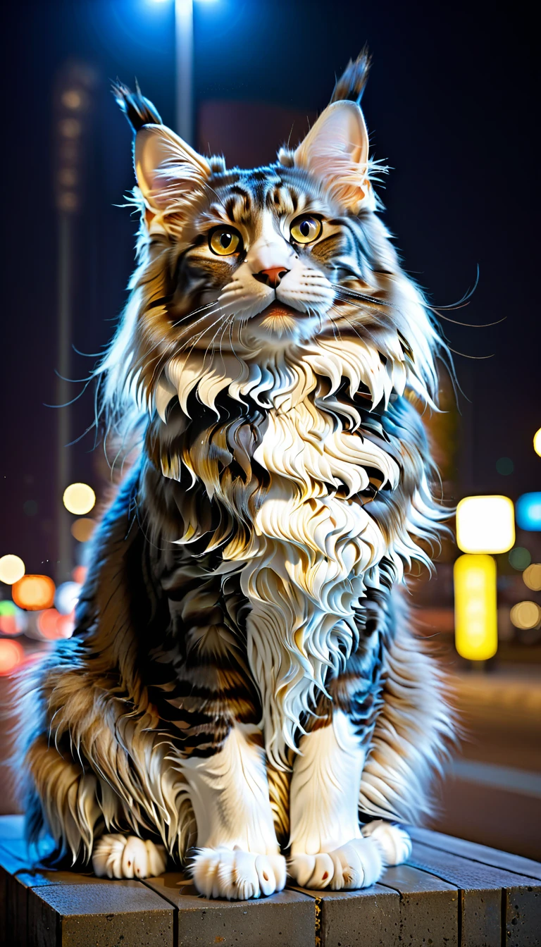 Il n&#39;y a personne, photo réaliste, photo le réalisme, le réalisme, Maine Coon (Maine Coon) chat, composition parfaite, intrichate details, Très pointu, chef-d&#39;œuvre, profil, haute résolution, photo du corps entier dans la vue nocturne de la ville