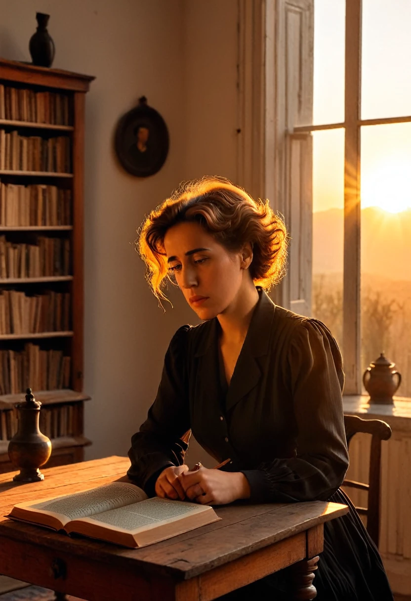 The philosopher Hanna Arendt looks sadly at a book on an antique table and she, near a window that announces the sunset.