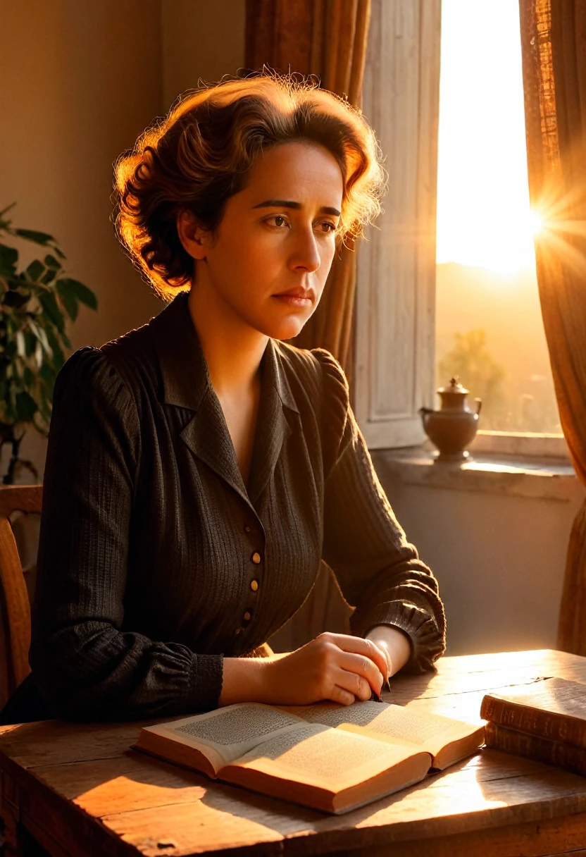 The philosopher Hanna Arendt looks sadly at a book on an antique table and she, near a window that announces the sunset.