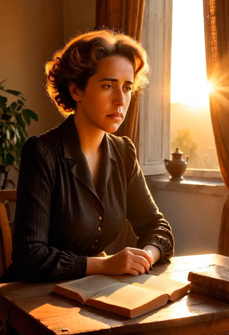 the philosopher hanna arendt looks sadly at a book on an antique table and she, near a window that announces the sunset.