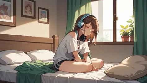 beautiful girl listening to music with headphones、brown hair、eyes closed、inside the room、sitting on the bed