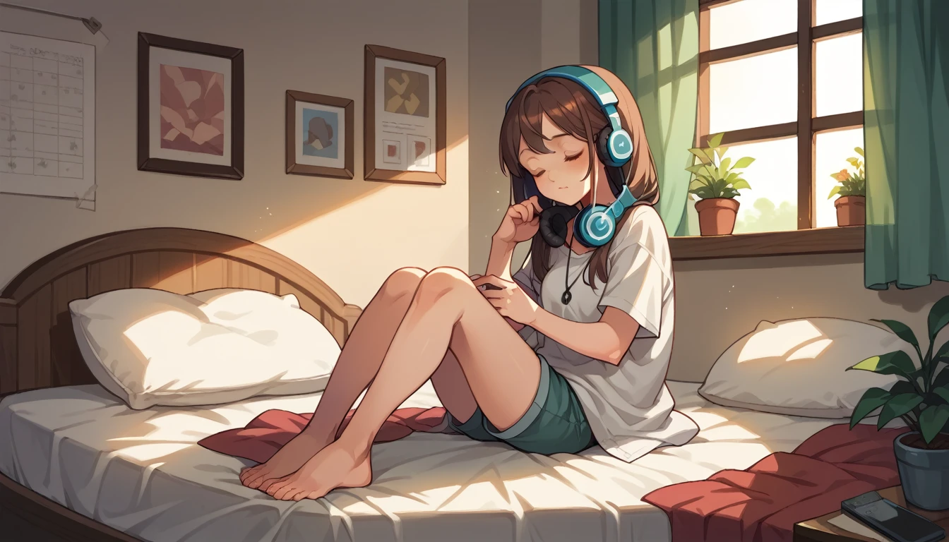 Beautiful girl listening to music with headphones、Brown Hair、Eyes closed、Inside the room、Sitting on the bed　