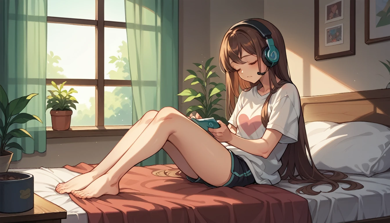 Beautiful girl listening to music with headphones、Brown Hair、Eyes closed、Inside the room、Sitting on the bed　