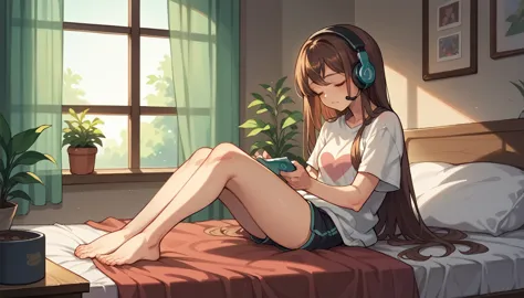 beautiful girl listening to music with headphones、brown hair、eyes closed、inside the room、sitting on the bed