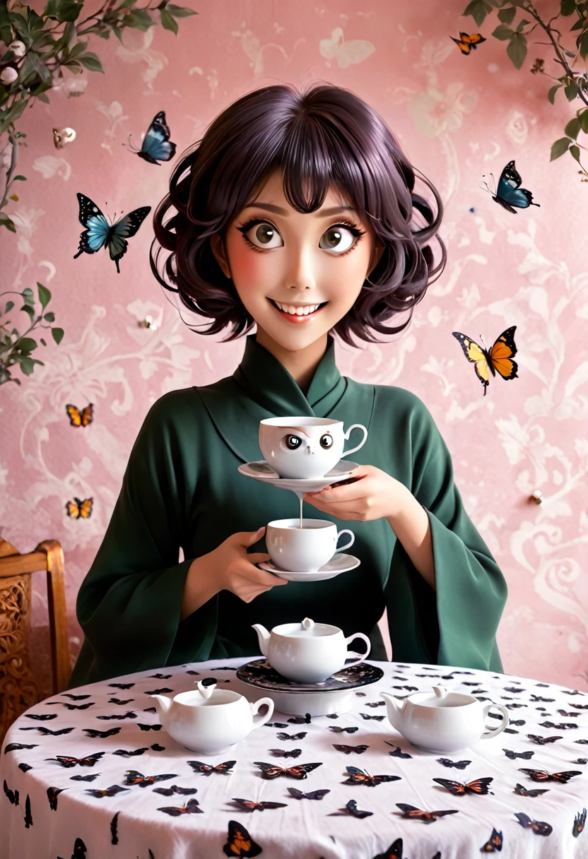 The beautiful Tatsumaki, With her huge eyes she looks amazed and with a big smile while she drinks tea from ceramic cups with ghostly cat shapes while the butterflies flutter around the table and the tablecloth..