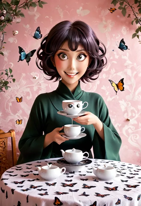 The beautiful Tatsumaki, With her huge eyes she looks amazed and with a big smile while she drinks tea from ceramic cups with gh...