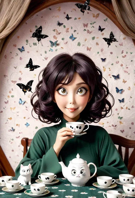 The beautiful Tatsumaki, With her huge eyes she looks amazed and with a big smile while she drinks tea from ceramic cups with gh...