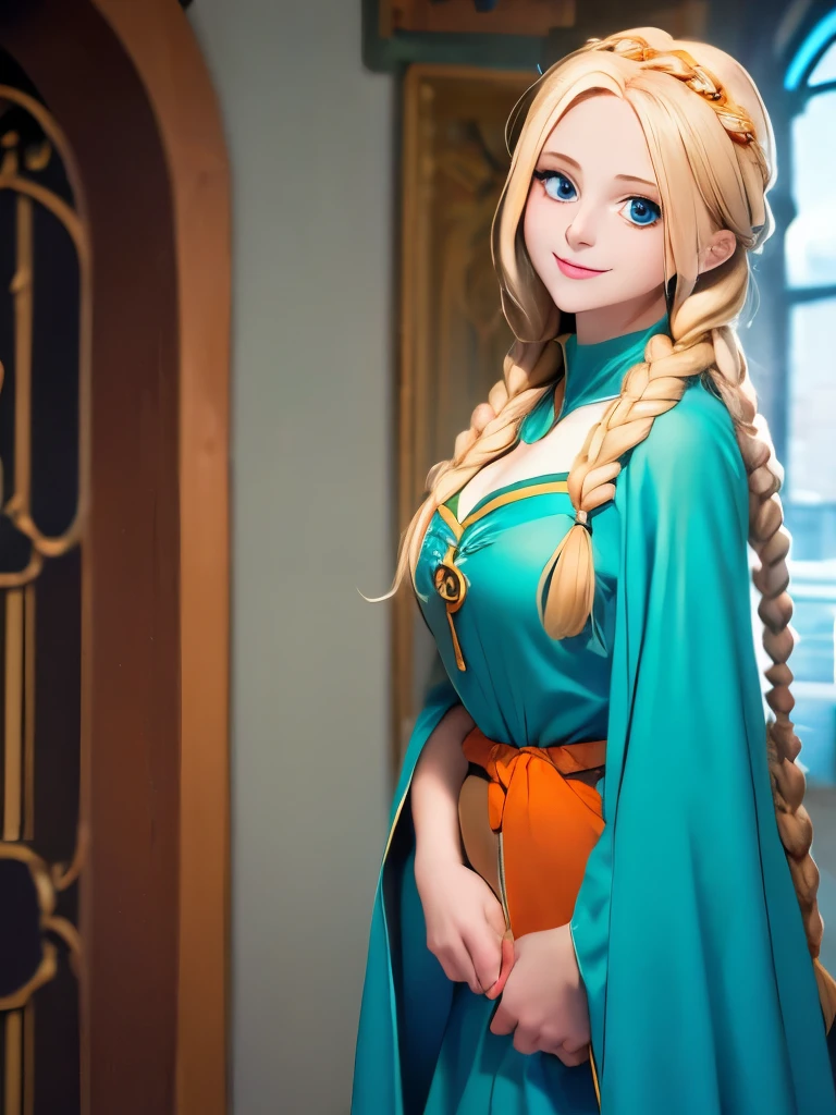 One Caucasian Beauty, blonde hair in braids,Bianca,Dragon Quest V, ssmile, big pale blue eyes, Woman in green dress and orange cloak,