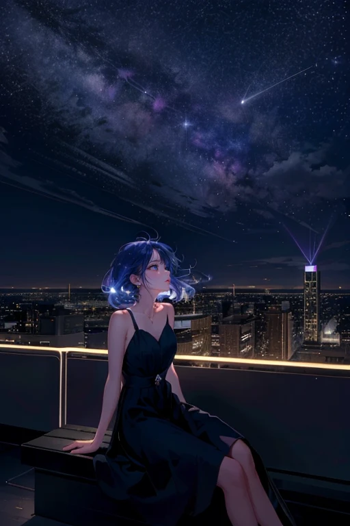 1 chica,solo,Frío,ojo brillante,exterior,edificio,techo,Sesión, Mira el cielo,lejos,por la noche,octanos,cielo estrellado,vía Láctea, Fanxing ,vista de la ciudad,