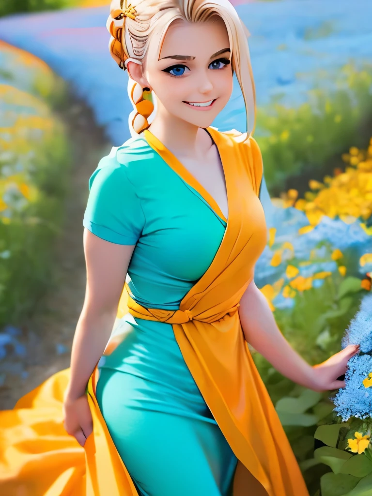Uma beleza caucasiana, cabelo loiro em tranças,Bianca,Dragon Quest V, sorria, grandes olhos azuis claros, Mulher no vestido verde e manto laranja,