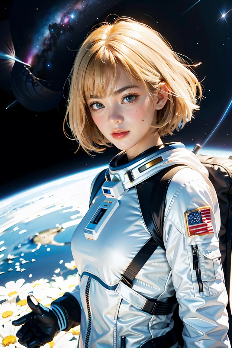 (best quality, masterpiece), 1girl, pose, particle, wind, flower, upper body, simple background, looking at viewer, blonde, galaxy, space suit, 