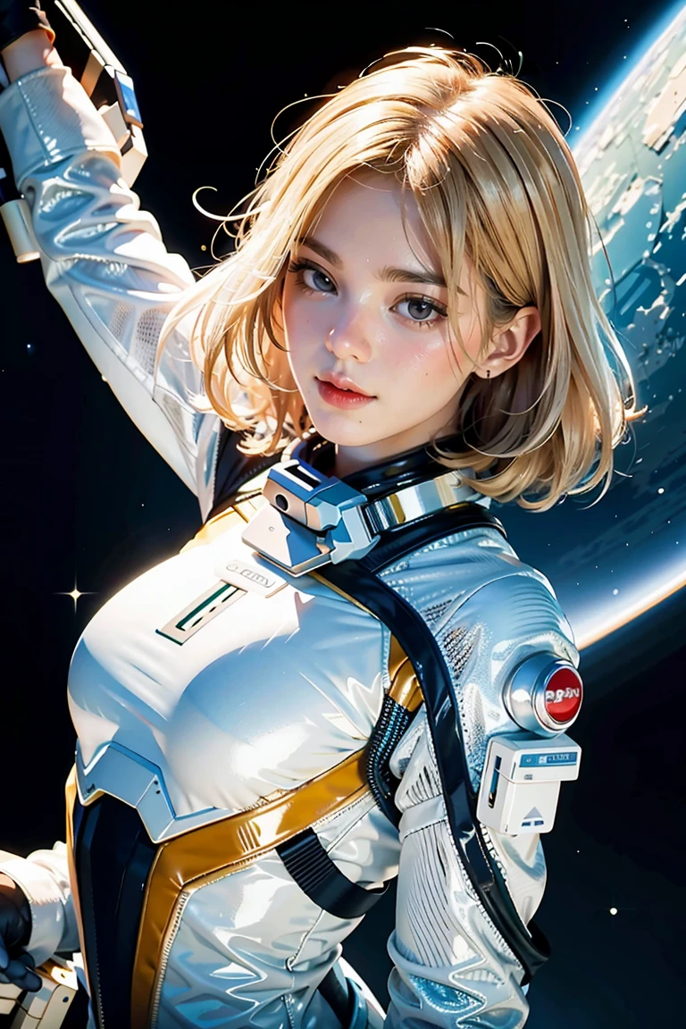 (Meilleure qualité, chef-d&#39;œuvre), 1fille, Pose, particule, Vent, fleur, Haut du corps, fond simple, regarder le spectateur, blond, galaxie, combinaison spatiale, 