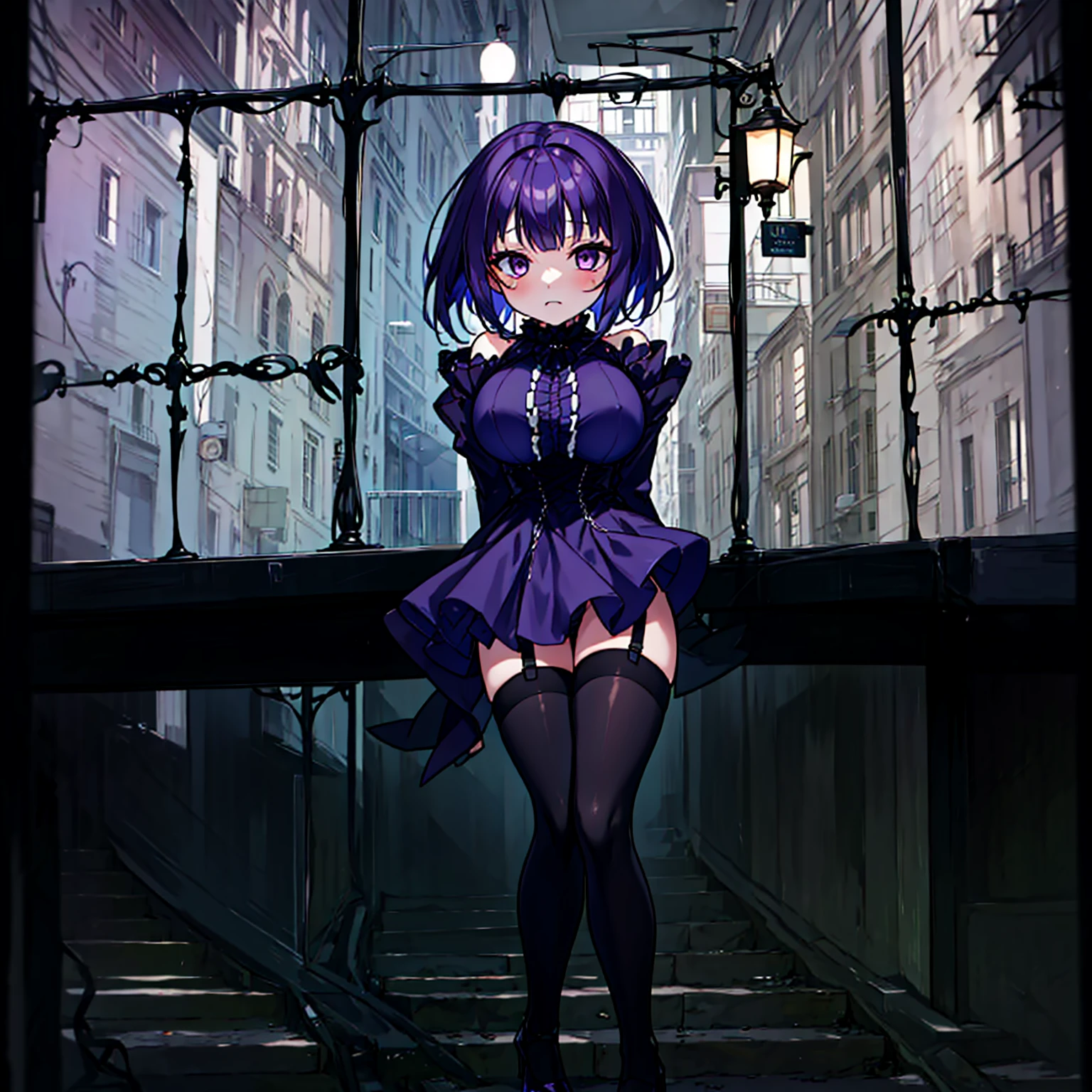 (solo), (1 skinny short girl:1.2), in the dark hall of mansion, (midnight), purple eyes over hair, Gothic Lolita, arms behind back, BREAK, (black short hair), (bursting huge breasts:1.2), (bouncing huge breasts:1.2), pale white skins, (skinny narrow waist), skinny legs, BREAK, (frilled layered black short dress), (frilled black cape), close chest, frilled long sleeve, show off thigh gap, (frilled black thighhighs:1.1), stiletto heels, BREAK, sad face, orgasm, coverd erectile nipples