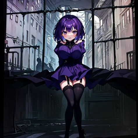 (solo), (1 skinny short girl:1.2), in the dark hall of mansion, (midnight), purple eyes over hair, Gothic Lolita, arms behind ba...