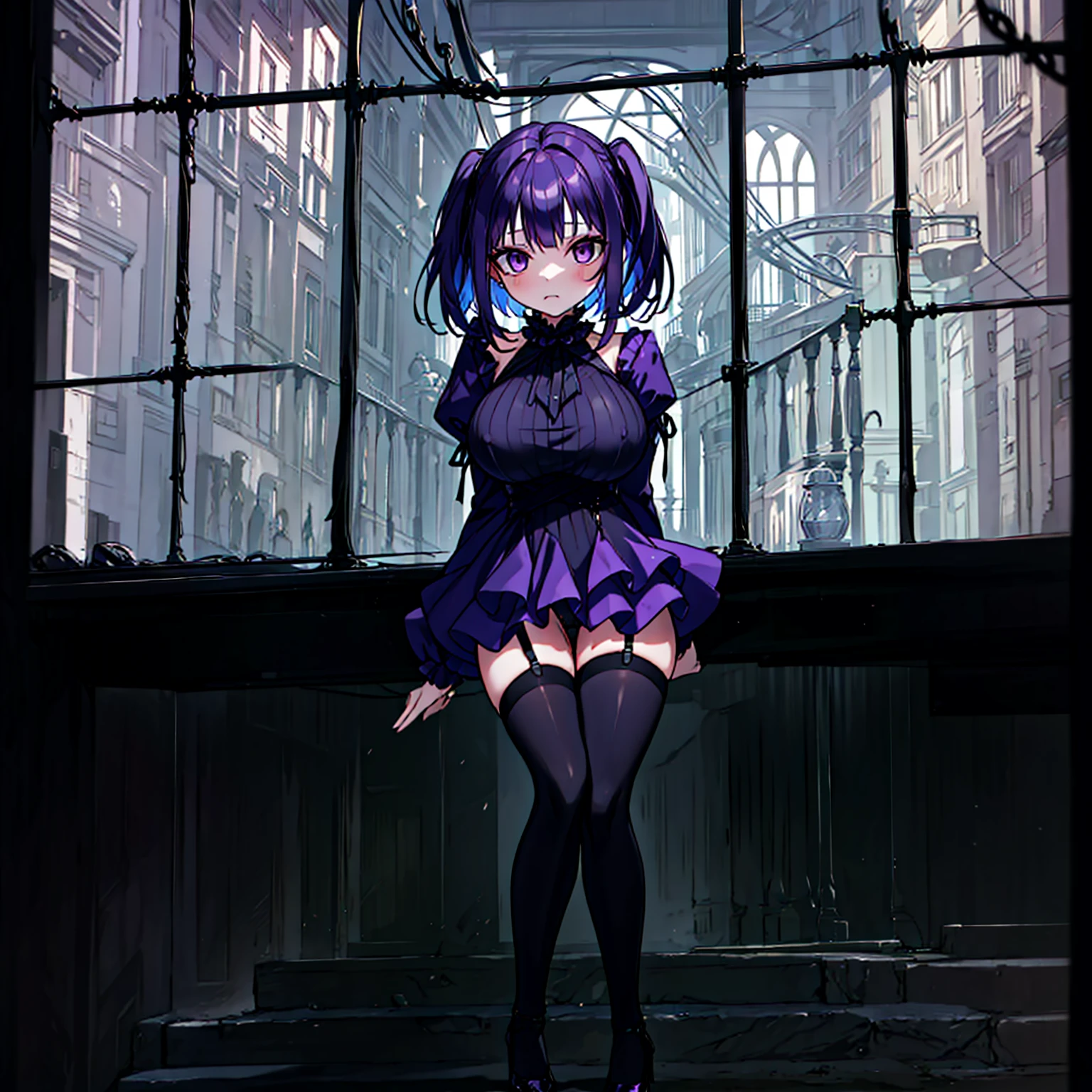 (solo), (1 skinny short girl:1.2), in the dark hall of mansion, (midnight), purple eyes over hair, Gothic Lolita, arms behind back, BREAK, (black short hair), (bursting huge breasts:1.2), (bouncing huge breasts:1.2), pale white skins, (skinny narrow waist), skinny legs, BREAK, (frilled layered black short dress), (frilled black cape), close chest, frilled long sleeve, show off thigh gap, (frilled black thighhighs:1.1), stiletto heels, BREAK, sad face, orgasm, coverd erectile nipples