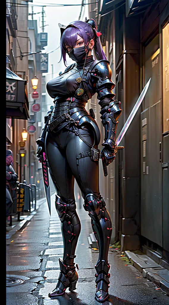 1 chica,(mesa,Muy detallado, mecanismo pesado, superficie dura),(arte conceptual:1.1),(Estilo Taimanin Asagi:0.8), Una mujer con armadura de robot ninja atando un sello,(Armadura completa:1.4),(máscara ninja táctica:1.5),(cuerpo morado:1.1),(Piernas largas:1.1),(Equipado con una espada en la espalda.:1.3),(pechos grandes:1.2),(constricción),(Ojo detallado:1.3),(cara detallada:1.3),(Detalles del arma:1.3),(cuerpo detallado:1.3),((Esbian de cuerpo completo:1.5)),(El fondo es una esquina de la calle por la noche.:1.5),Dinámico