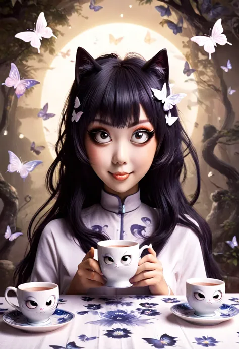 the beautiful tatsumaki, with her huge eyes she looks amazed and with a big smile while she drinks tea from ceramic cups with gh...