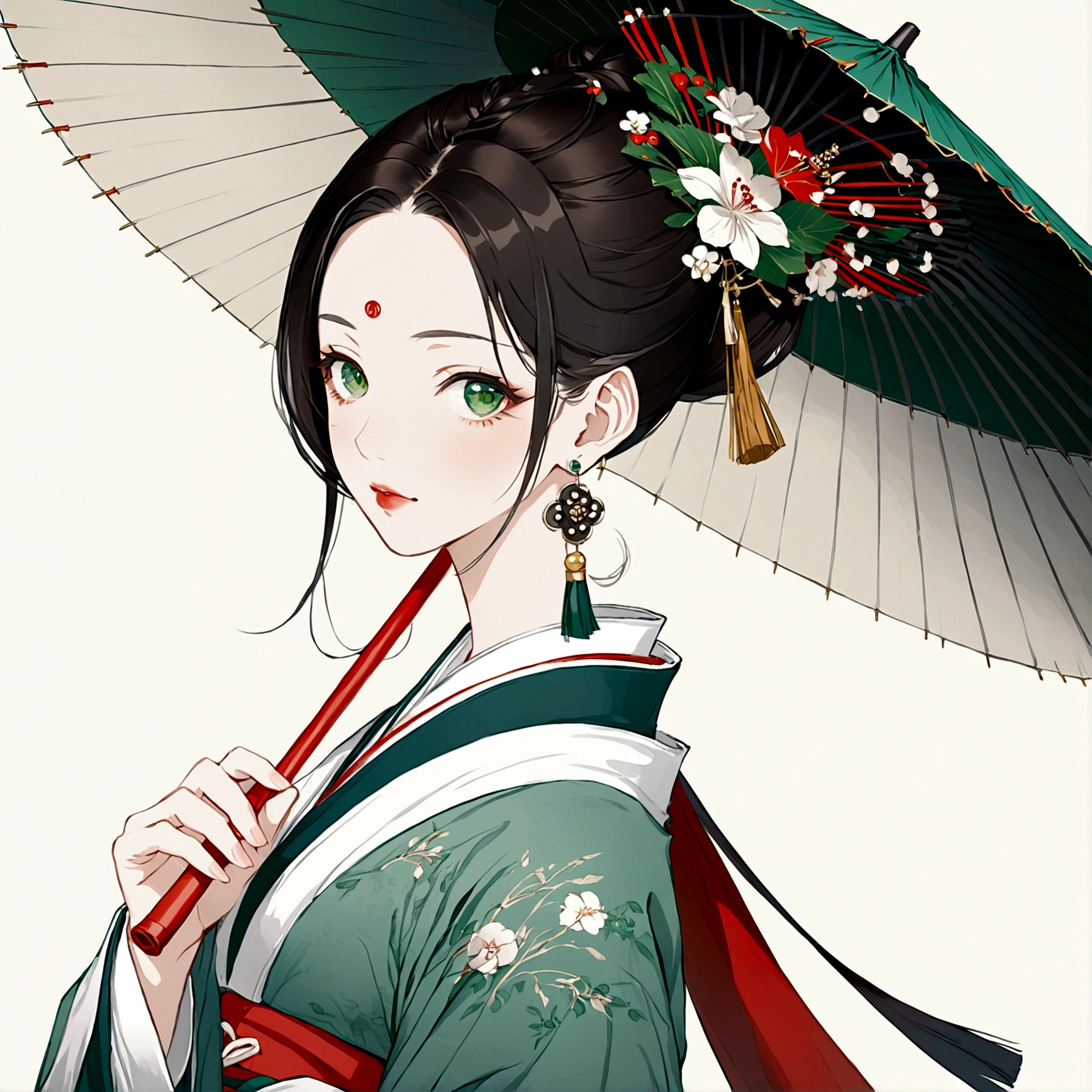 1girl, solo, long hair, looking at viewer, simple background, black hair, hair ornament, long sleeves, white background, holding, jewelry, closed mouth, green eyes, upper body, ponytail, flower, earrings, hair flower, from side, parted bangs, makeup, umbrella, facial mark, chinese clothes, white flower, lipstick, tassel, holding umbrella, forehead mark, red lips, oil-paper umbrella, hanfu