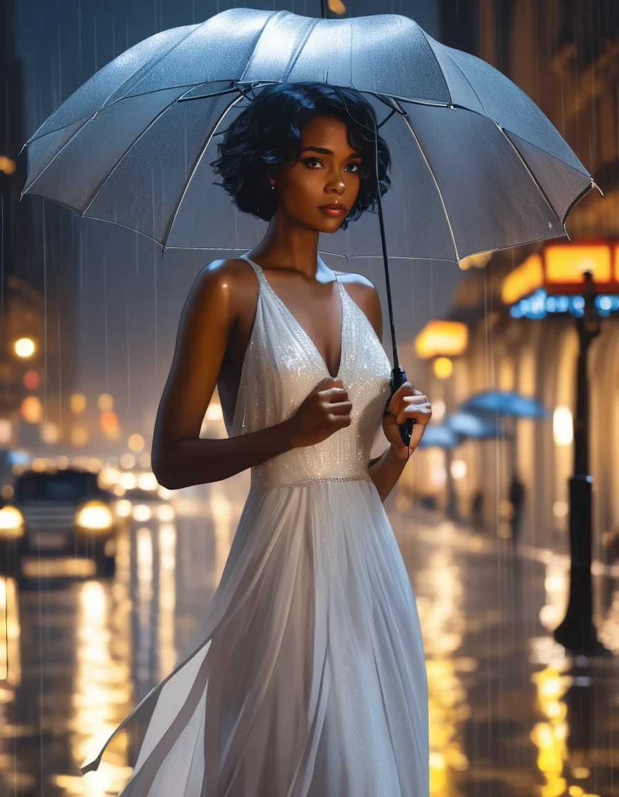 1 mulher com um guarda-chuva na chuva, em um vestido branco de noite, Foco apenas, (Pele escura:1.3), cabelo curto, Cabelo preto, Cabelo ondulado, o fundo é uma metrópole à noite, fundo desfocado, obra de arte, a melhor qualidade, detalhado, lindo