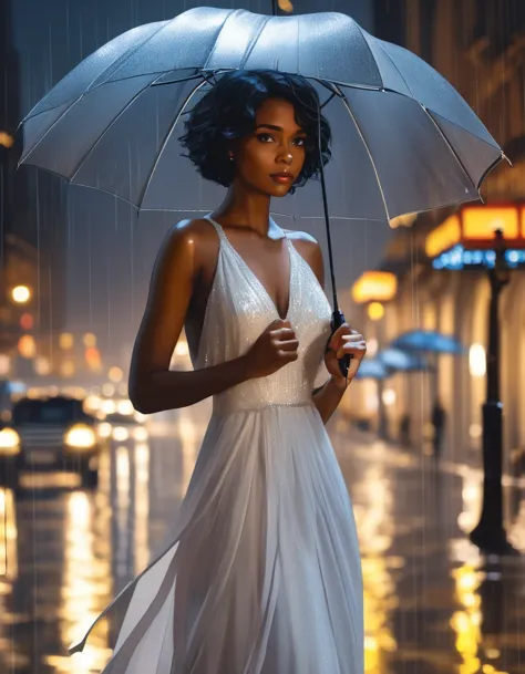 1 lady with an umbrella in the rain, in a white evening dress, focus only, (dark skin:1.3), short hair, black hair, wavy hair, t...
