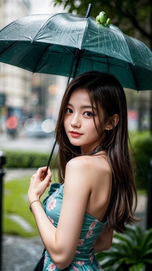 Girl Holding an Umbrella、Portrait、Frog on shoulder